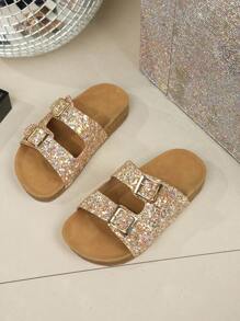 1 Pair Fashionable Sparkling Rhinestones Soft Cork Thick Sole Girls Slippers, Soft Comfortable Soles, Suitable For Kids Aged 3-15 Years Old