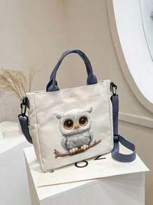 1pc Owl Printed Polyester Tote Bag For Women, Large Capacity Casual Shoulder Bag,Detachable Shoulder Strap, Versatile Fashion Handbag For Party, Travel, Suitable For Gifts To Family And Friends,Shopping - White