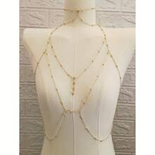 1pc Women Elegant Gold Beaded Body Chain Necklace - Sexy Lingerie Accessory, With Rhinestone Detail, Metal Structure, Suitable For Party And Date, Multifunctional For All Seasons - Multicolor - View 2