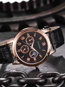 1 件男士商务石英表，配 PU 皮革表带，男女数字指针手表，成熟男士手表，节日礼物手表 - 彩色 - 查看 3