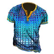 1pc Men's Henley T-Shirt, Casual Short Sleeve Henley Tee With Buttons, Bright Blue Waffle Print Pattern, Suitable For Daily Gatherings - Blue - View 4