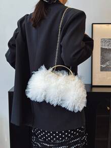 2025 春夏新品白色浪漫婚礼季 1 件白色网眼荷叶边流苏扣水钻装饰手提包，高端女士奢华礼服晚宴包，新娘婚礼派对手拿包 - 白色 - 查看 6