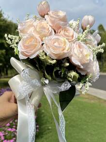 1 件装伴娘花束蕾丝装饰玫瑰花束人造花束适用于婚礼情人节