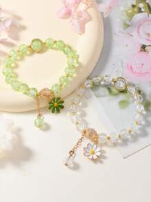 3 pièces/2 pièces/1 pièce Bracelet avec pendentif en alliage de zinc et perles en verre craquelé, perles de verre craquelé de couleur bonbon avec pendentif fleur marguerite, de conception élégante, idéal pour assortir avec des amis, parfait pour la rentrée scolaire - Multicolore - Voir 5