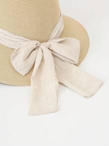 1 pieza Sombrero de paja de verano de unicolor para mujer, sombrero redondo de moda versátil y casual con decoración de perlas y moño, adecuado para compras diarias