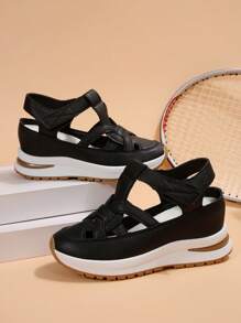 1 Pair Women's New White Wedge Platform Hollow Breathable Lightweight Non-Slip Roman Sandals, Hook And Loop Fashion Versatile Black Sneakers