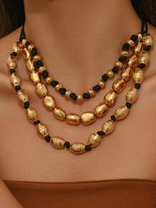 1pc European & Style Gold Geometric Asymmetrical Metal DIY Knotted Braided 3-Layer Necklace, Suitable For Party, Holiday Wear, Designed For Sexy Ladies. Please Understand That There May Be Slight Variations Due To The Handmade Nature Of The Product. - Multicolor - View 1