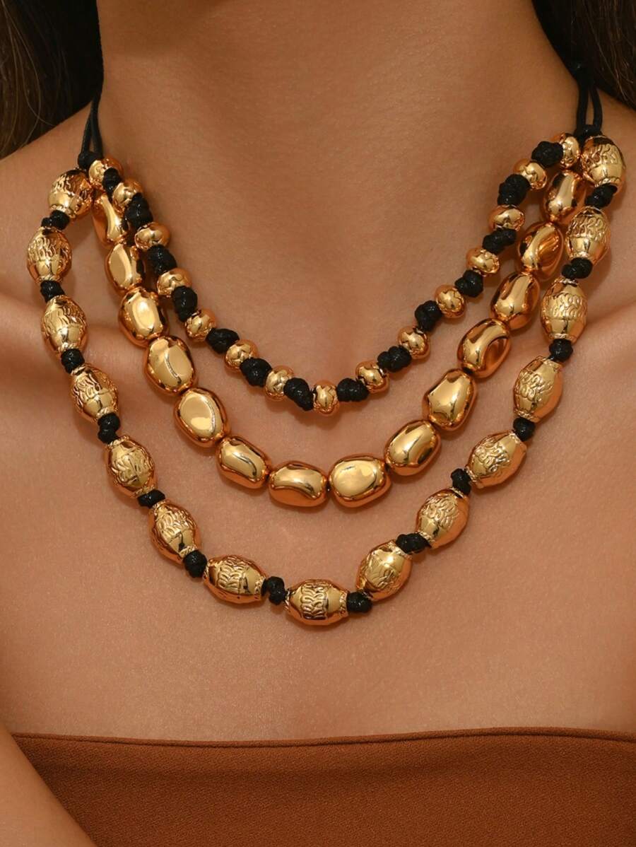 1pc European & Style Gold Geometric Asymmetrical Metal DIY Knotted Braided 3-Layer Necklace, Suitable For Party, Holiday Wear, Designed For Sexy Ladies. Please Understand That There May Be Slight Variations Due To The Handmade Nature Of The Product. - Multicolor - View 1