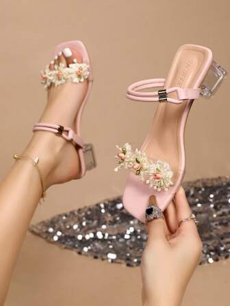 Women Summer New Princess Flower Crystal Decor Thick Heel Sandals With Ankle Strap