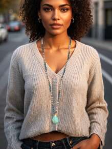 Handmade Bohemian Style Long Necklace With Exquisite Turquoise Wrapped Pendant, Vintage Blue Dotted Knotted Beaded Hanging Chain, Suitable As A Gift For Women On Thanksgiving - Multicolor - View 3