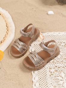 1 Pair Kids Girls Woven Thick Sole Non-Slip Flat Sandals, Fashionable & Simple For Beach, Summer - Rose Gold - View 5