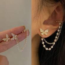 Elegant Butterfly Ear Studs With Chain, Retro Style, CZ Decorated, Zinc Alloy, Suitable For Daily Wear And Parties, Accessory For All Seasons - Gold - View 2