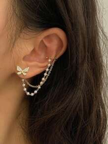 Elegant Butterfly Ear Studs With Chain, Retro Style, CZ Decorated, Zinc Alloy, Suitable For Daily Wear And Parties, Accessory For All Seasons - Gold - View 4