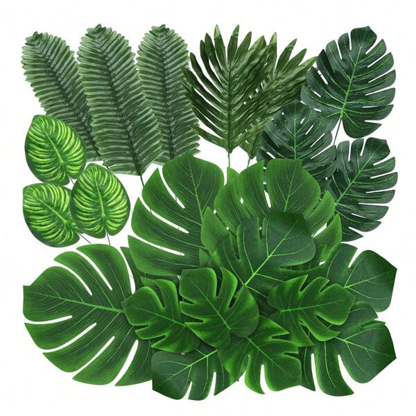 45 piezas, 7 tipos de hojas de palma artificiales tropicales, hojas falsas de monstera para decoración de mesa de fiesta de tema hawaiano, dinosaurio, Luau, boda y cumpleaños