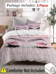 3pcs Eyelash & Slogan Pattern Duvet Cover Set, Soft Polyester, All-Season Zipper Closure, Machine Washable, Digital Print, Includes 1 Duvet Cover And 2 Pillowcases