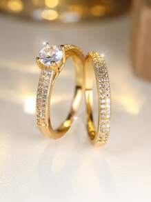2 piezas Anillos de piedra oval de novia de lujo, juego de joyas de anillos de compromiso y boda de color negro dorado con circonita cúbica blanca (la caja de anillo es solo un accesorio para fotografía)