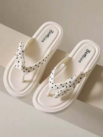 1 双女士波尔卡圆点蝴蝶结装饰厚底人字拖，百搭海滩/度假休闲拖鞋，舒适防滑软底人字拖，春夏