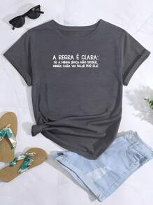T-Shirt Frase Camiseta Feminina Estilo Grande A Regra é Clara Dia a Dia Casual Treino Corrida Basica - Chumbo - Visão 1