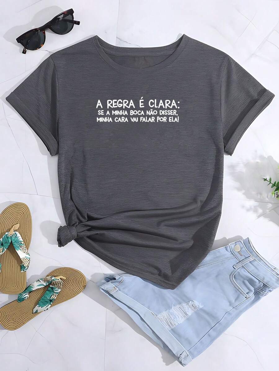 T-Shirt Frase Camiseta Feminina Estilo Grande A Regra é Clara Dia a Dia Casual Treino Corrida Basica - Chumbo - Visão 1