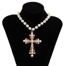 1 Stück vintage elegante Perlenkette mit Kreuzanhänger für Frauen, geeignet für Feiertage, Geburtstage, Dates, Bälle, Partys, Urlaub, Lässig ausflüge und Pendeln