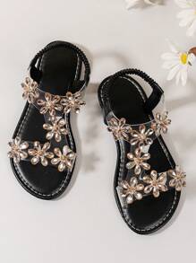 1 Pair Infant/Toddler Girls Rhinestone Sunflower Jelly Sandals, Transparent Strap, Flat, Round Toe, Elastic, Non-Slip, Fashionable, Cute, Comfortable, Casual, Suitable For 3-15 Years Old Boys And Girls, School, Gathering, Wedding, Indoor, Outdoor, Beach, Spring/Summer