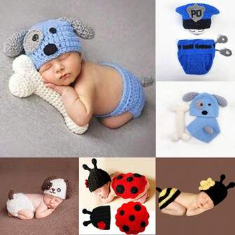Conjunto de sombrero de perro azul de ganchillo y pantalones cortos con hueso para recién nacidos, niños y niñas, para sesiones de fotos