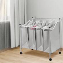 Mobile Laundry Basket, Laundry Cart, With Wheels, For Laundry Room, Bedroom, Bathroom, 4 Compartments, Gray - 灰色 - 查看 3