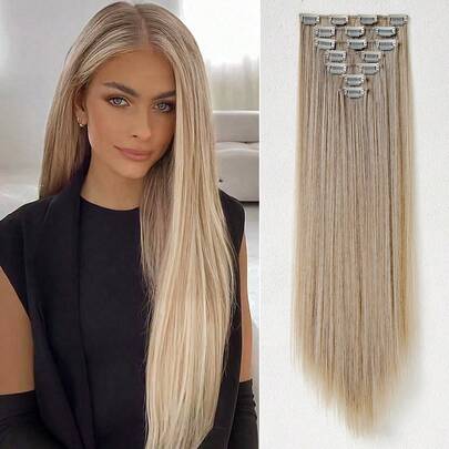 16 Clips 22 Inch 7pcs/Set Golden Straight Synthetic Hair Extensions For Women