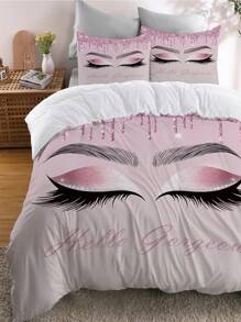3pcs Eyelash & Slogan Pattern Duvet Cover Set, Soft Polyester, All-Season Zipper Closure, Machine Washable, Digital Print, Includes 1 Duvet Cover And 2 Pillowcases
