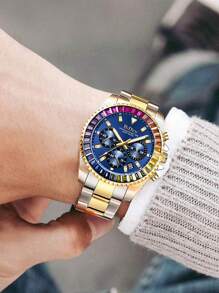 BIDEN New Men's Quartz Watch, Business And Leisure Chronograph, Rainbow Bezel Stainless Steel Strap, Waterproof Night Light Pointer Men's Watch, Automatic Date And 24-Hour Display - one-size - View 8