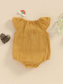 Baby Girl Boy Summer Cotton Linen Romper Clothes Basic Plain Ruffle Sleeveless Comfy Rompers Newborn Tops - 黃色 - 查看 2