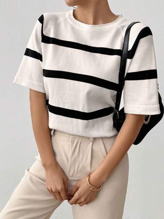 Suéter de punto de manga corta con bloques de color y rayas de CMC para mujer, primavera/otoño