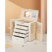 Leather Huge Jewelry Box Mirrored Watch Organizer Necklace Ring Earring Storage Lockable Gift Case (White + Gold)