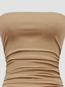 2pcs Set, Sleeveless Ruched Top & Waistless Flared Leg Pants, Suits For Spring/Summer - Khaki - View 4