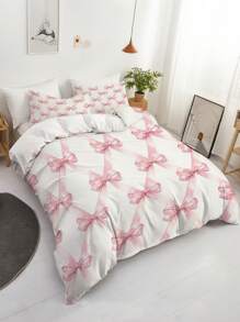 3 Stücke Rosa Schleifenmuster Bettbezug Set (1*Bettbezug + 2*Kissenbezüge, ohne Füllung), Traumhafte Schleifenkreuz-Raster-Design, weich & hautfreundlich, ermüdungslindernd für die Augen, geeignet für alle Jahreszeiten, Reißverschluss, für Hotel, Schlafzimmer, Gästezimmer und Studentenzimmer Dekoration, hypoallergen und pflegeleicht, schick, leicht, atmungsaktiv, hypoallergen und pflegeleicht, modernes, schlichtes Design - Pink - Übersicht 1