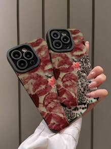 1pc Red Lip Print & Leopard Stripe Pattern Faux Leather Anti-Drop Soft Phone Case Compatible With Apple/ S16/S16 Plus/S16 Pro/S16 Pro Max