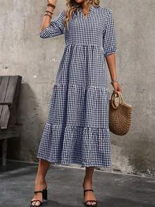 Polyester Fabric Pleated Texture Mid-Length Plaid Round Neck Elegant Casual A-Line Hem Short Sleeve Dress - Navy Blue - View 5