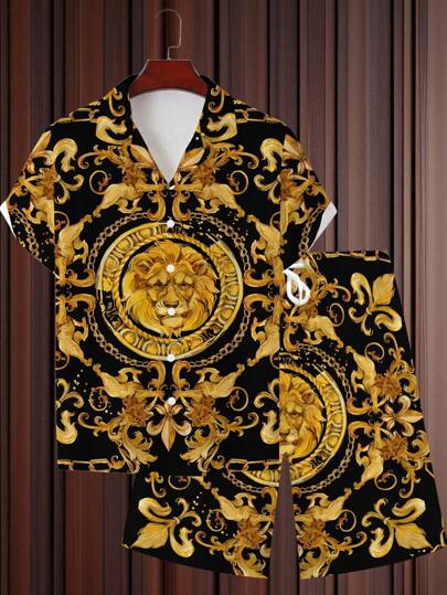 2pcs Casual Style Men's Summer Outfit, Unique Graphic Print Short Sleeve Polo Shirt And Shorts Set,Hawaiian