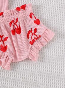 2pcs/Set Baby Girls Cute Embroidered Strap Bodysuit + Shorts Set, Lightweight Summer - Pink - View 5