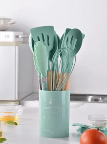 Kitchen Set Kit With 12 Pcs Silicone Utensils Cup Holder For Kitchen Wooden Handle - Multicolor - Ver 4
