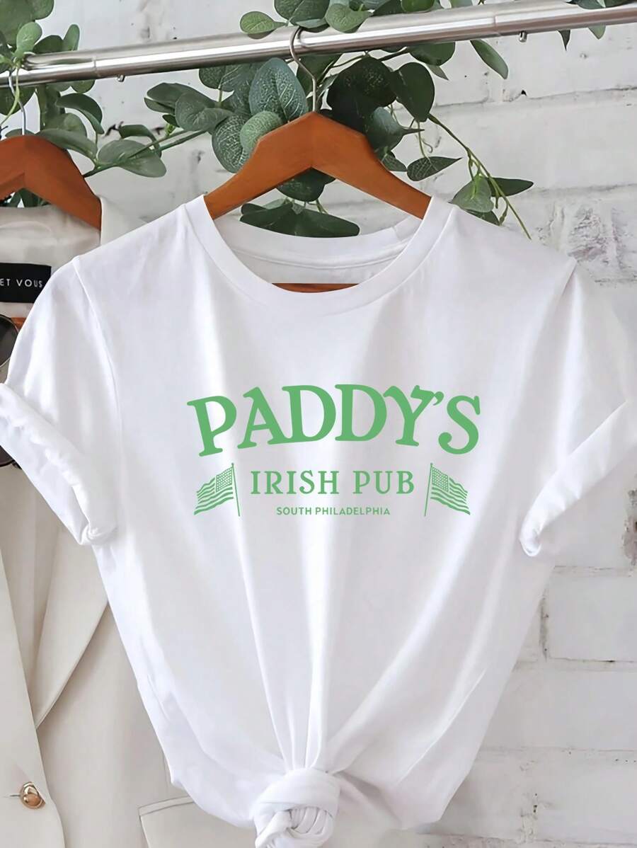 Paddy's Irish Pub Cartoon Letter Graphic Print T Shirt, Short Sleeve Crew Neck Casual Top For Summer & Spring, Women's T-Shirt - 白色 - 查看 1