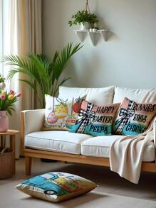 1pc/4pcs Easter Bunny Egg Car Sofa Pillow Case, HD Printed Linen Throw Pillow Cover, Easter Decorations For Car Home Living Room, Bedroom, Sofa, 17.7*17.7 Inch/45x45cm (Without Pillow Insert) Gifts Birthday Graduation