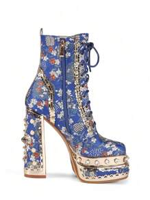 Waterproof Platform Thick Heel Elegant Faux Pearl & Rhinestone Decor Fashion Ankle Boots