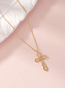 Vintage Cross Pendant Necklace With Floral Pattern, European & American Style - Yellow Gold - View 1