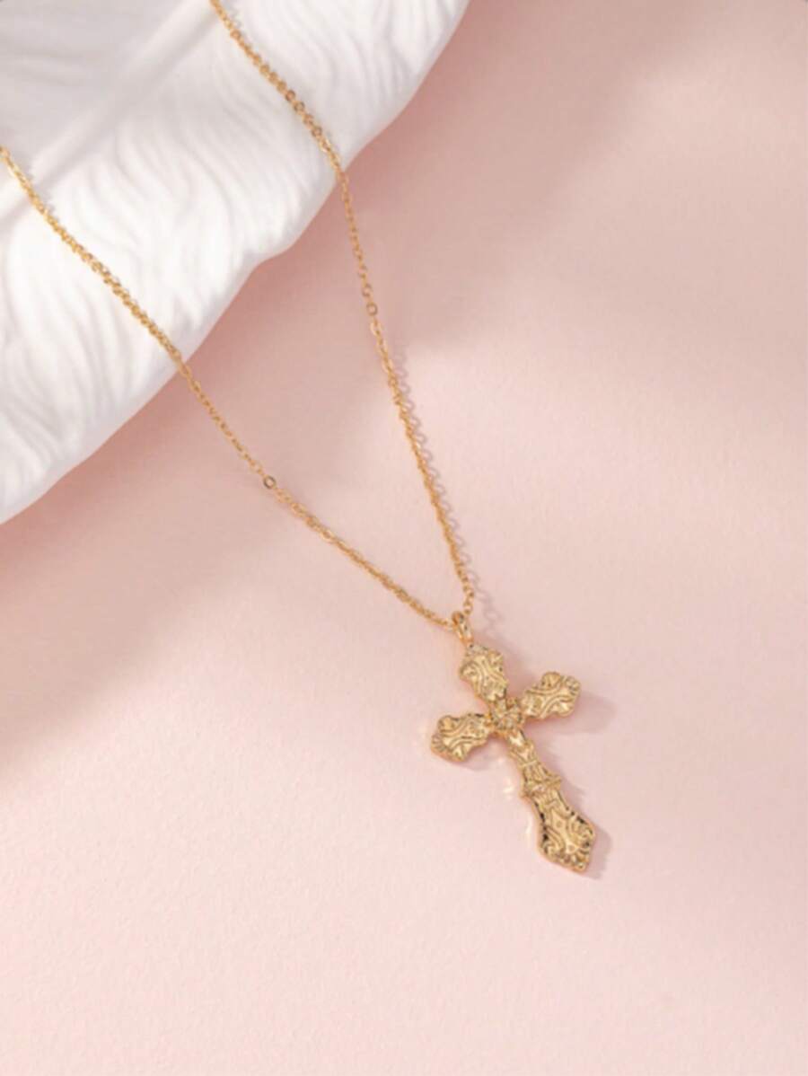 Vintage Cross Pendant Necklace With Floral Pattern, European & American Style - Yellow Gold - View 1