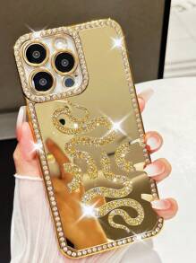 1 个水钻金色镜面双蛇纹设计手机壳，兼容 iPhone 7/8/SE2、iPhone7p/8p、iPhone X/XS/XR、iPhoneXS Max、iPhone11/11 Pro/11 Pro Max、iPhone12/12 Pro/12 Pro Max、iPhone13/13 Pro/13 Pro Max、iPhone14/14 Pro/14 Plus/14 Pro Max、iPhone15/15 Pro/15 Plus/15 Pro Max - 金色 - 查看 24