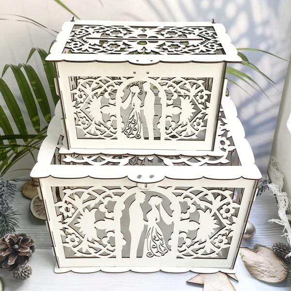 1pc Wedding Card Box With Unique Hollow Design, Lock And Slot Reception Envelop Box, DIY Hollow Wooden Box For Wedding Party, Anniversary Celebration, Birthday Party,Christmas Gifts Graduation Birthday Decorations Party Decorations Bachelorette Summer Beach Back To School School Supplies Room Decor