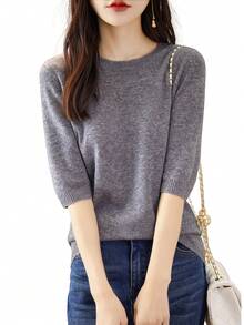 LINY XIN Women's Spring/Summer Crew Neck Short Sleeve Top, Pure Wool Lightweight Soft Sweater Pullover - Grey - View 2