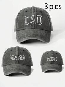 3pcs Embroidered "Mama + Dad + Mini" Matching Washed Baseball Caps, Adjustable Outdoor Sun Protection Casual Hats For Boys & Girls, Suitable For Spring, Autumn, Travel, Beach