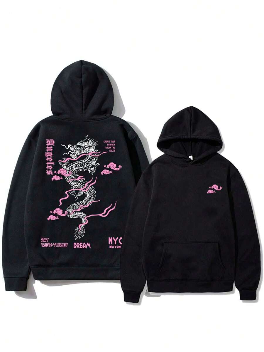 Pink Dragon Sweatshirt Cold Weather Streetwear New Arrival Warm Cotton Coat Flannel Sweatshirt - Immediate Shipping - màu đen - Xem 1